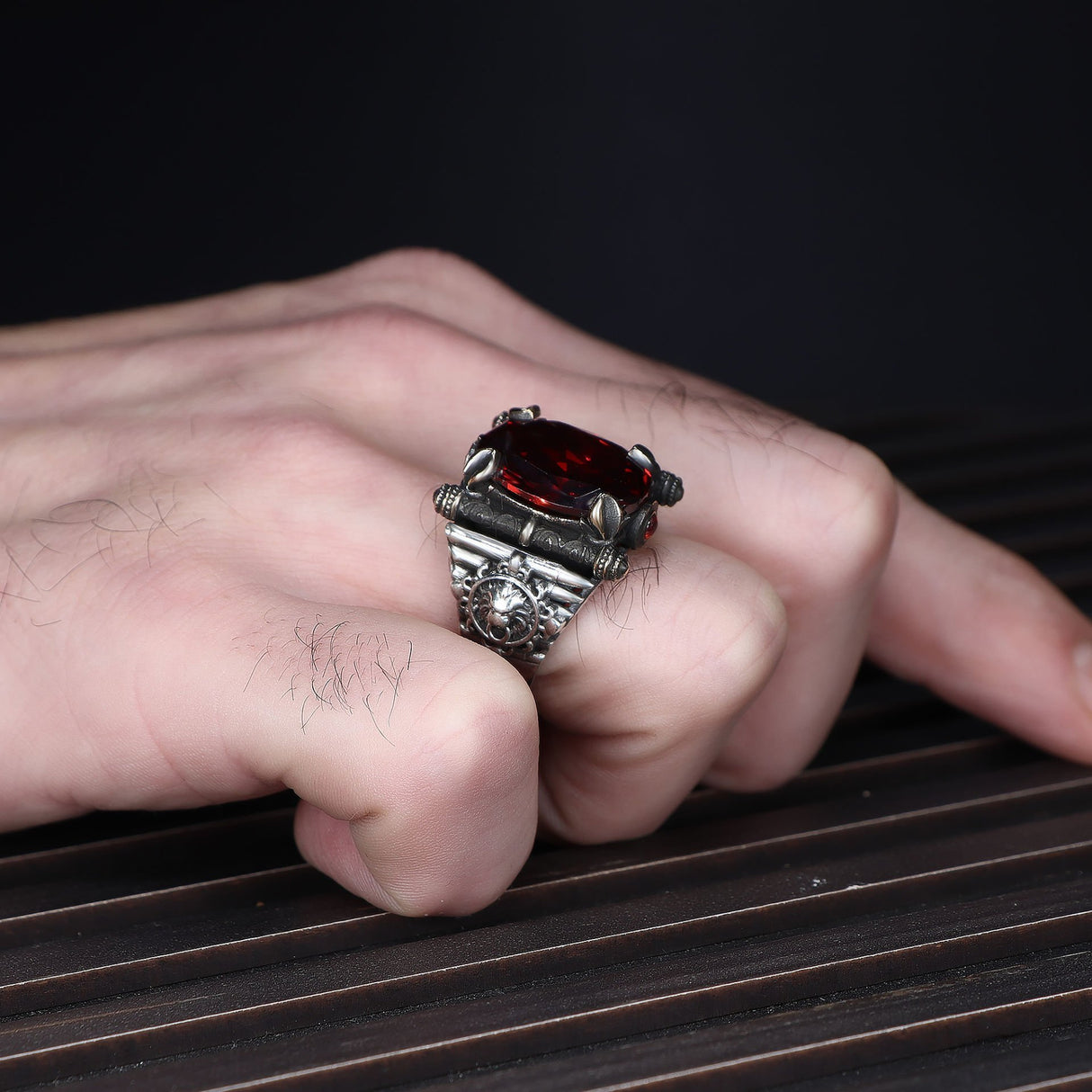 Tesbihevim | Men's Silver Ring with Red Zircon Stone - TryAladdin