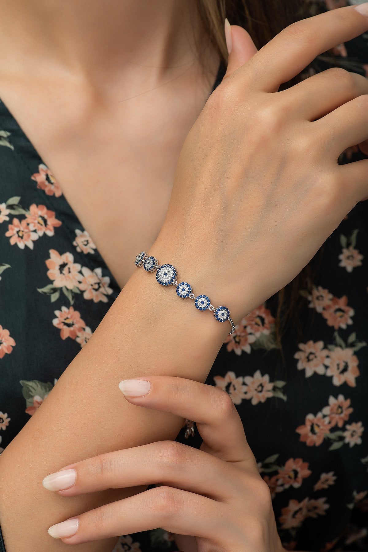 Nereze | Row Nazar Evil Eye Silver Bracelet with Adjustable Lock - TryAladdin