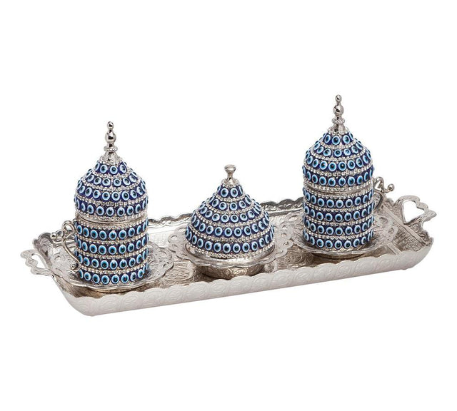 Acar | Nazar Beaded Turkish Tea Set of Two With Metal Tray - Gold - TryAladdin