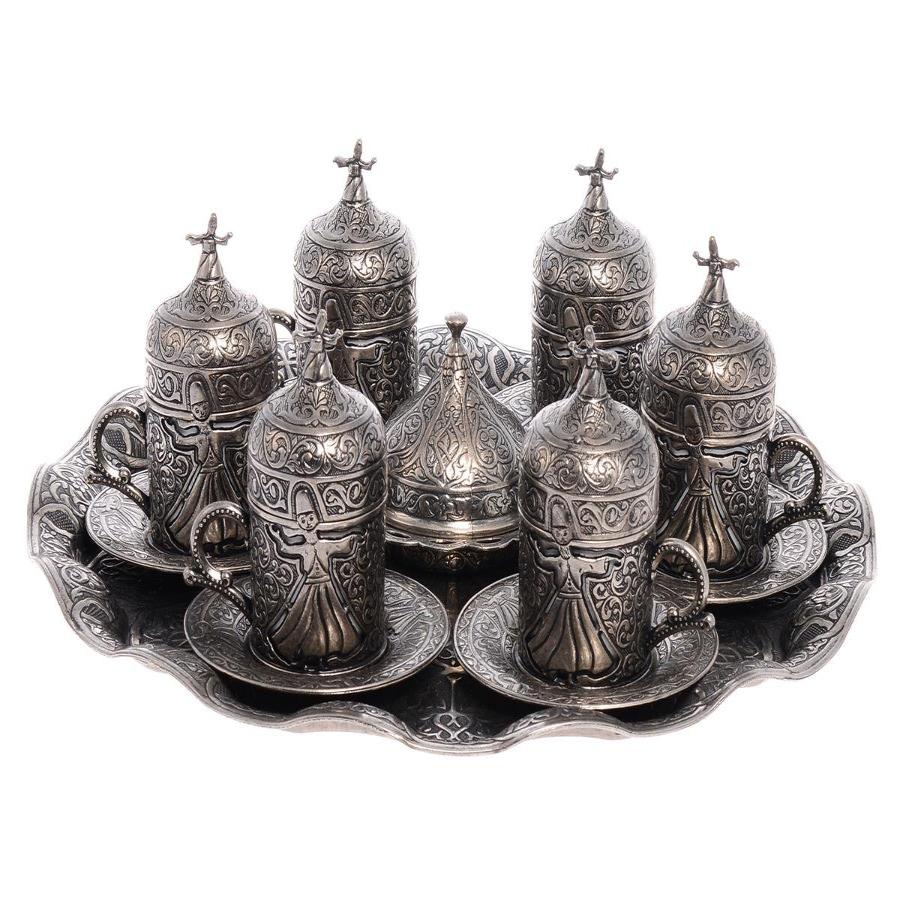 Acar | Turkish Coffee Set of Six With Metal Tray And Candy Bowl - Whirling Dervish Design - Tinned - TryAladdin