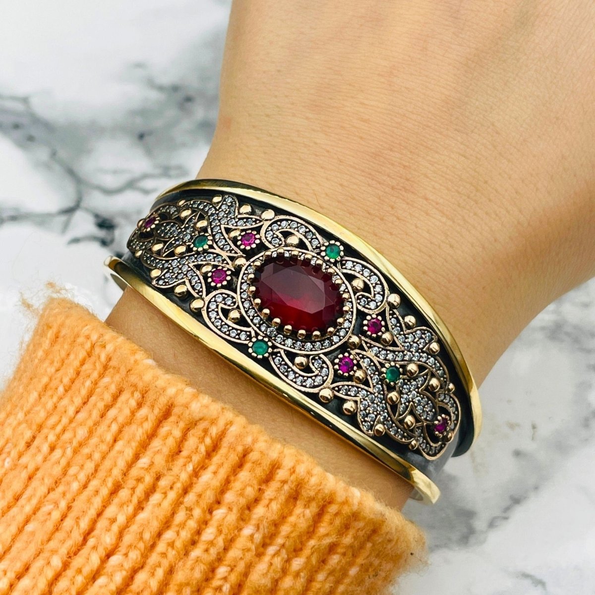 Istanbul Jewelry | Ruby Ottoman Style Adjustable Cuff Handmade Silver Bracelet - TryAladdin