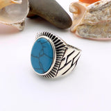 Blue Oval Turquoise Stone Men's Silver Ring - TryAladdin