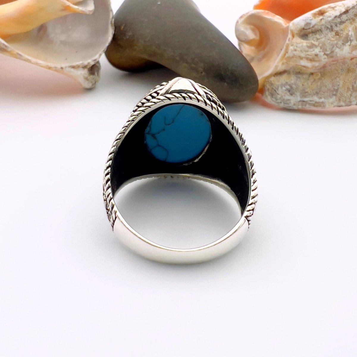 Blue Turquoise Oval Stone Silver Ring - TryAladdin