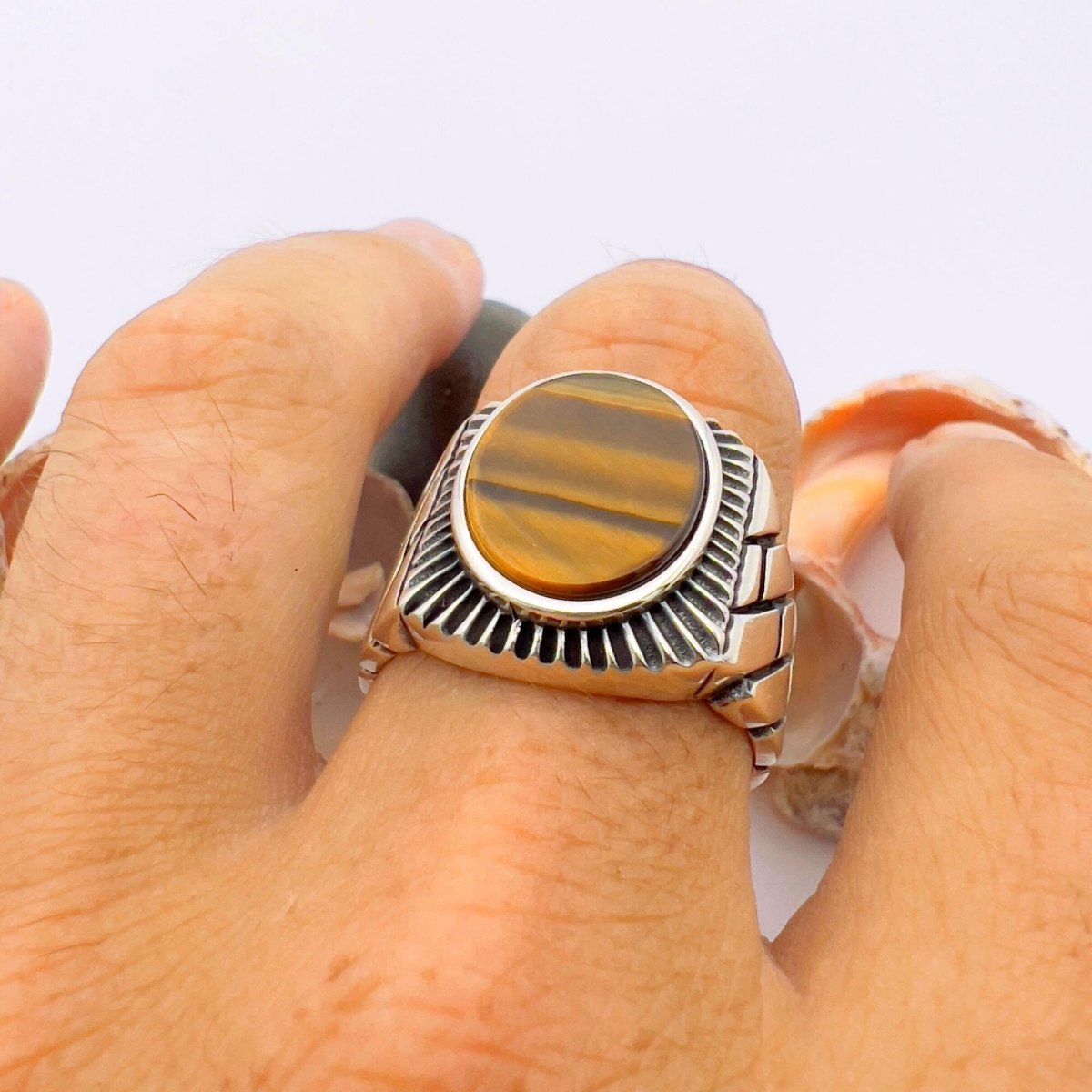 Brown Tiger's Eye Stone Men's Silver Ring - TryAladdin