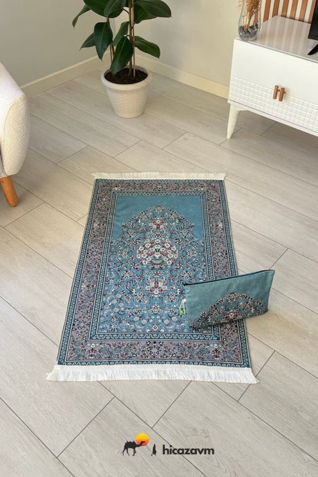 Carpet Pattern Prayer Rug with Bag (Light Blue) - TryAladdin