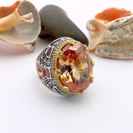 Champagne Citrine Stone Silver Ring - TryAladdin