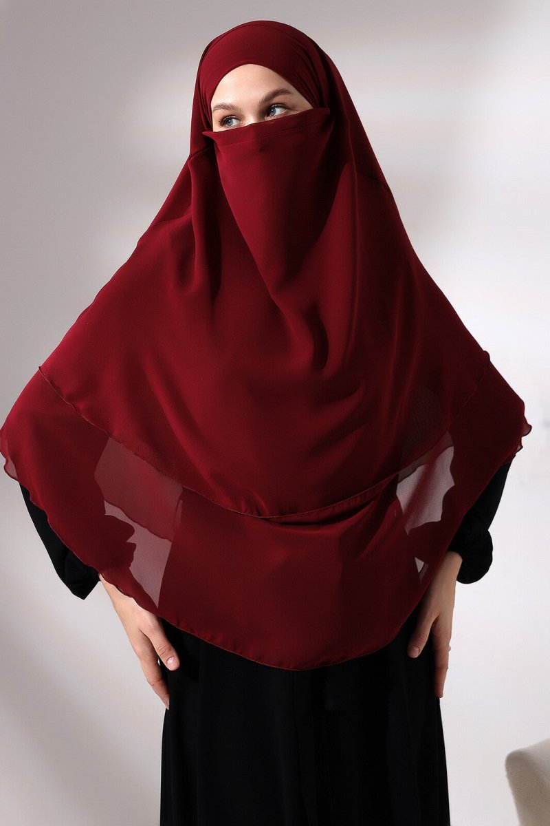 Claret Red Three Layer Veiled Short Chiffon Hijab Souffle Scarf - TryAladdin