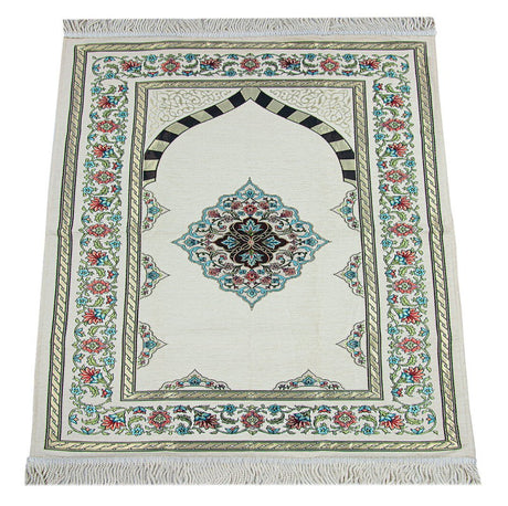 Cream Flower Motif Mihrab Lined Chenille Prayer Rug - TryAladdin