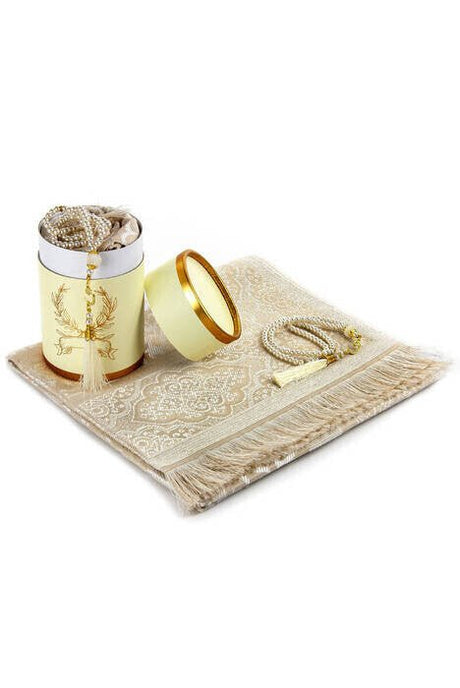 Cylender Boxed Prayer Rug and Pearl Tasbih Gift Set, Cream Color - TryAladdin