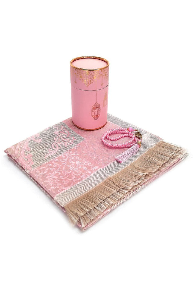 Cylender Boxed Prayer Rug and Pearl Tasbih Gift Set, Pink - TryAladdin