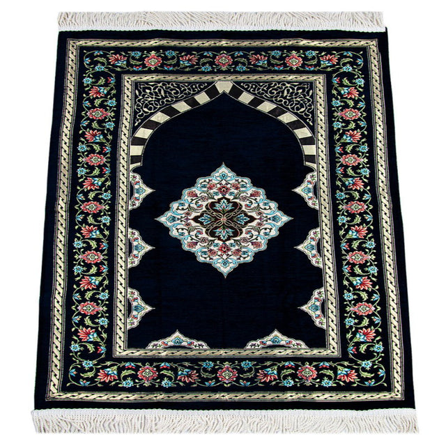 Dark Navy Blue Floral Motifed Lined Chenille Prayer Rug with MihrabDark Navy Blue Flower Motifed Lined Chenille Prayer Rug with Mihrab - TryAladdin