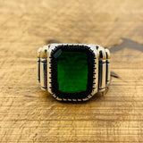 Green Emerald Square Stone Men's Silver Ring - TryAladdin