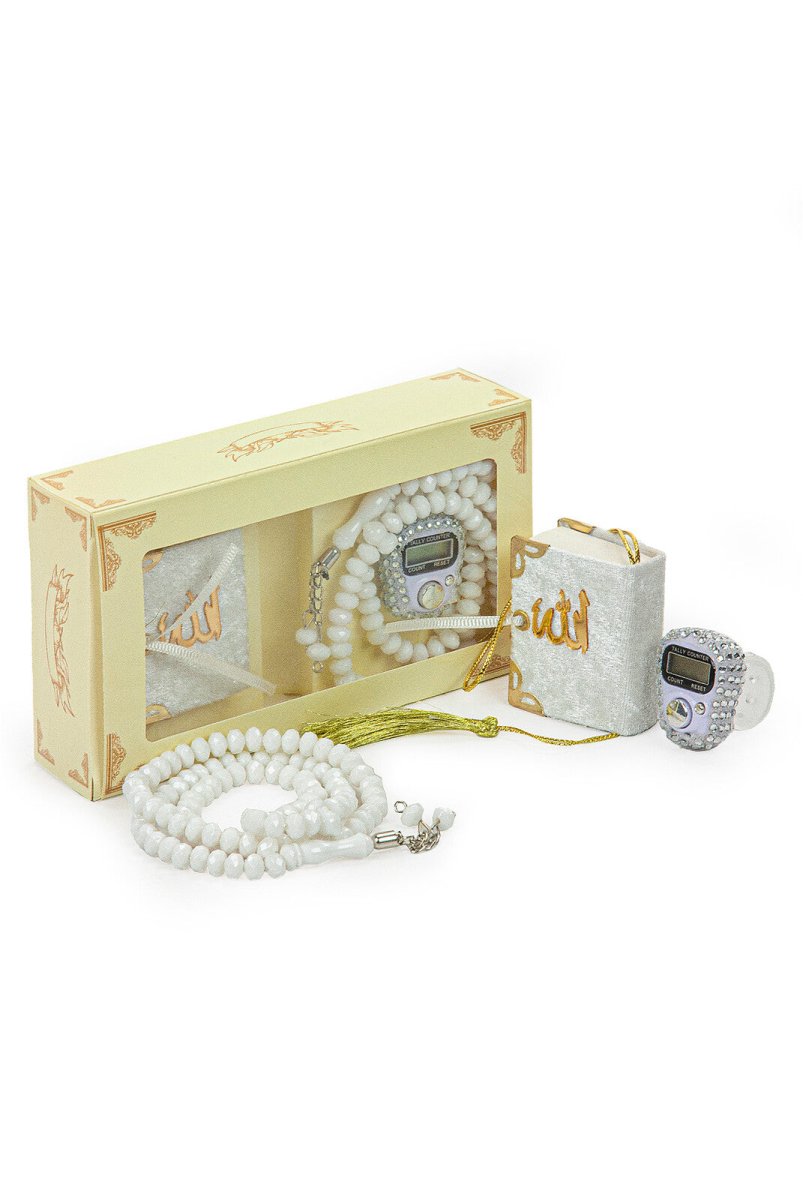 Hajj Umrah Gift Set with Mini Quran, Crystal Stone Prayer Bead and Stone Designed Dhikrmatic, White Color - TryAladdin