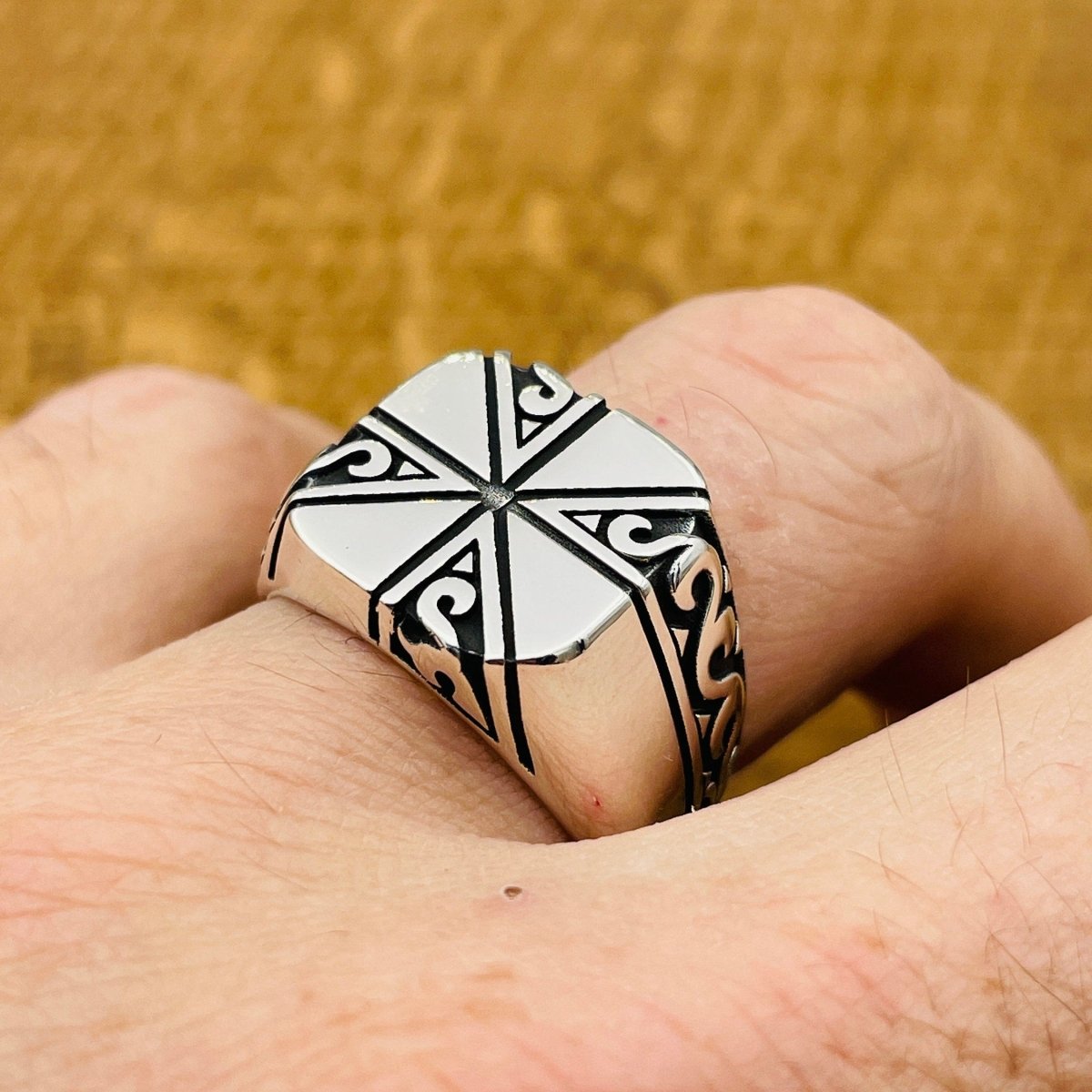 Hand Embroidered Square Model Men's Silver Ring - TryAladdin