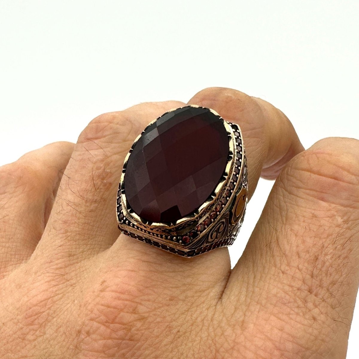 Handmade Men's Red Zircon Stone Silver Ring - TryAladdin