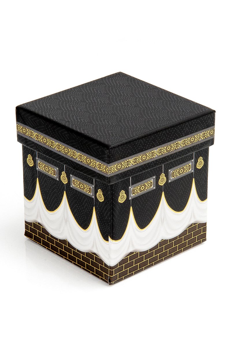 Kaaba Patterned Gift Set with Special Box - Scalloped Cover - Rawza Fragrance - Pearl Tasbih - Velvet Yasin, White - TryAladdin