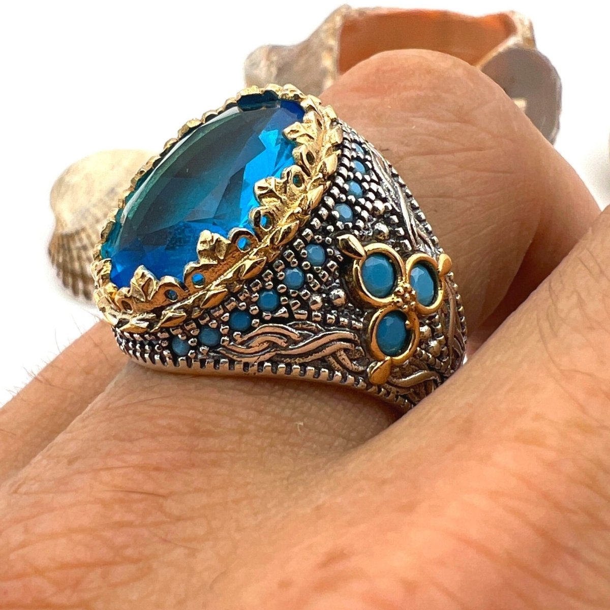 Men's Aquamarine Stone Blue Oval Ring - TryAladdin