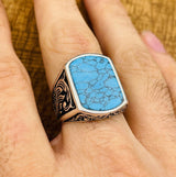 Men's Blue Turquoise Stone Silver Ring - TryAladdin