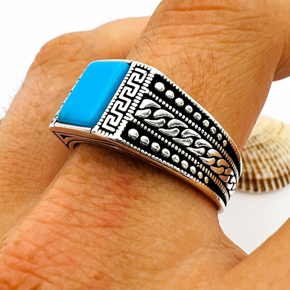 Men's Blue Turquoise Stone Turkish Handmade Silver Ring - TryAladdin