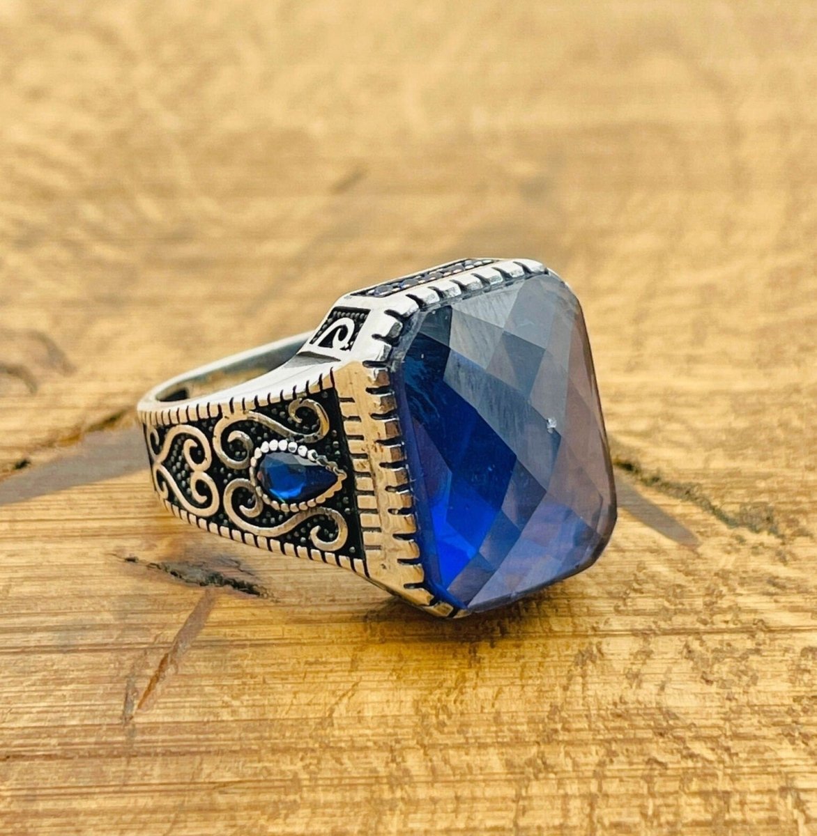 Men’s Blue Zircon Square Ring - TryAladdin