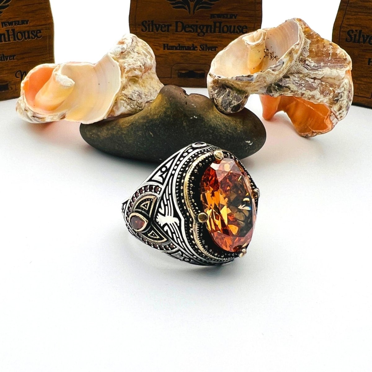 Men's Champagne Citrine Oval Stone Silver Ring - TryAladdin