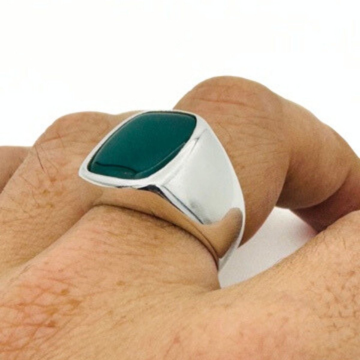 Men's Green Agate Gemstone Silver Ring - TryAladdin