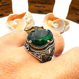 Men's Green Emerald Oval Stone Silver Ring - TryAladdin