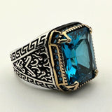 Men's Handmade Blue Aquamarine Stone Silver Ring - TryAladdin