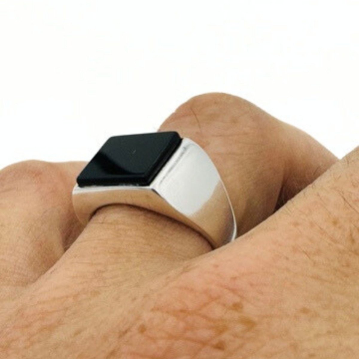 Men's Natural Black Onyx Silver Rectangle Ring - TryAladdin