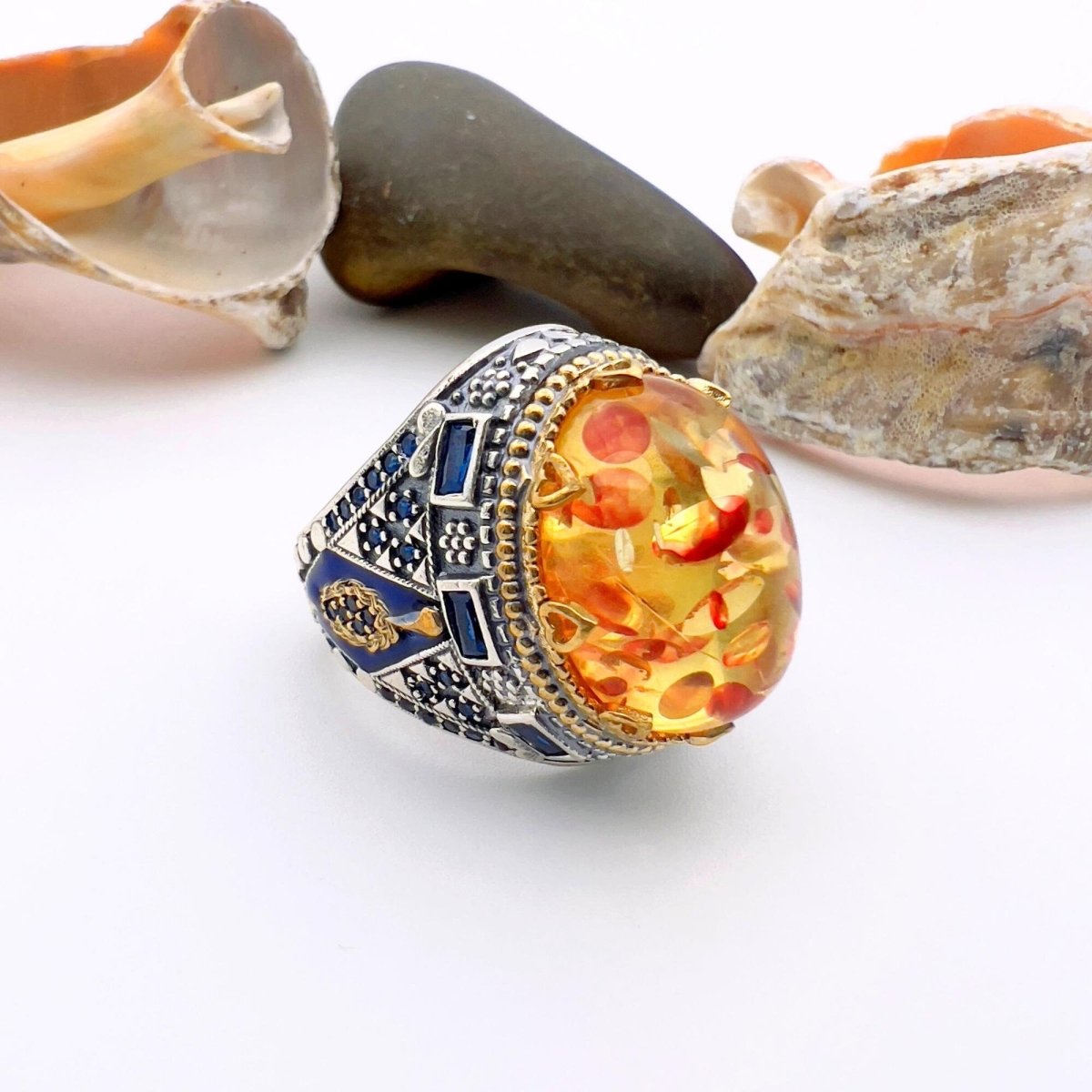 Men's Orange Amber Silver Ring - TryAladdin