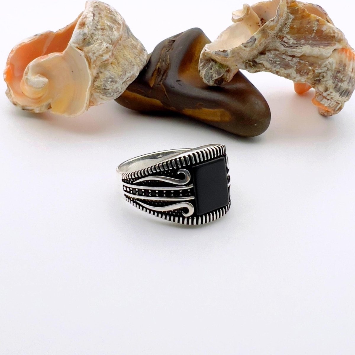 Men's Ottoman Style Black Onyx Square Silver Ring - TryAladdin