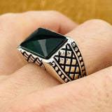 Men's Rectangle Green Zircon Stone Silver Ring - TryAladdin