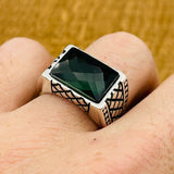 Men's Rectangle Green Zircon Stone Silver Ring - TryAladdin