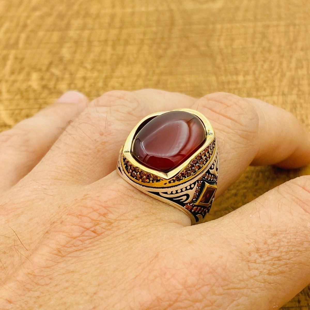 Men's Red Agate Ottoman Silver Ring - TryAladdin