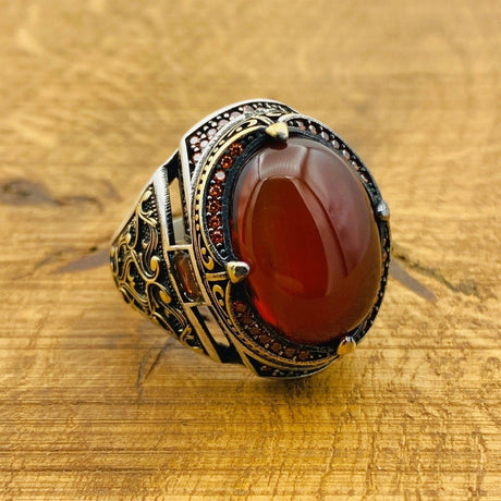 Men's Red Agate Silver Ring - TryAladdin