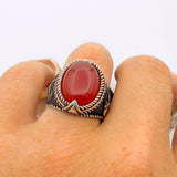 Men's Red Agate Stone Silver Ring - TryAladdin