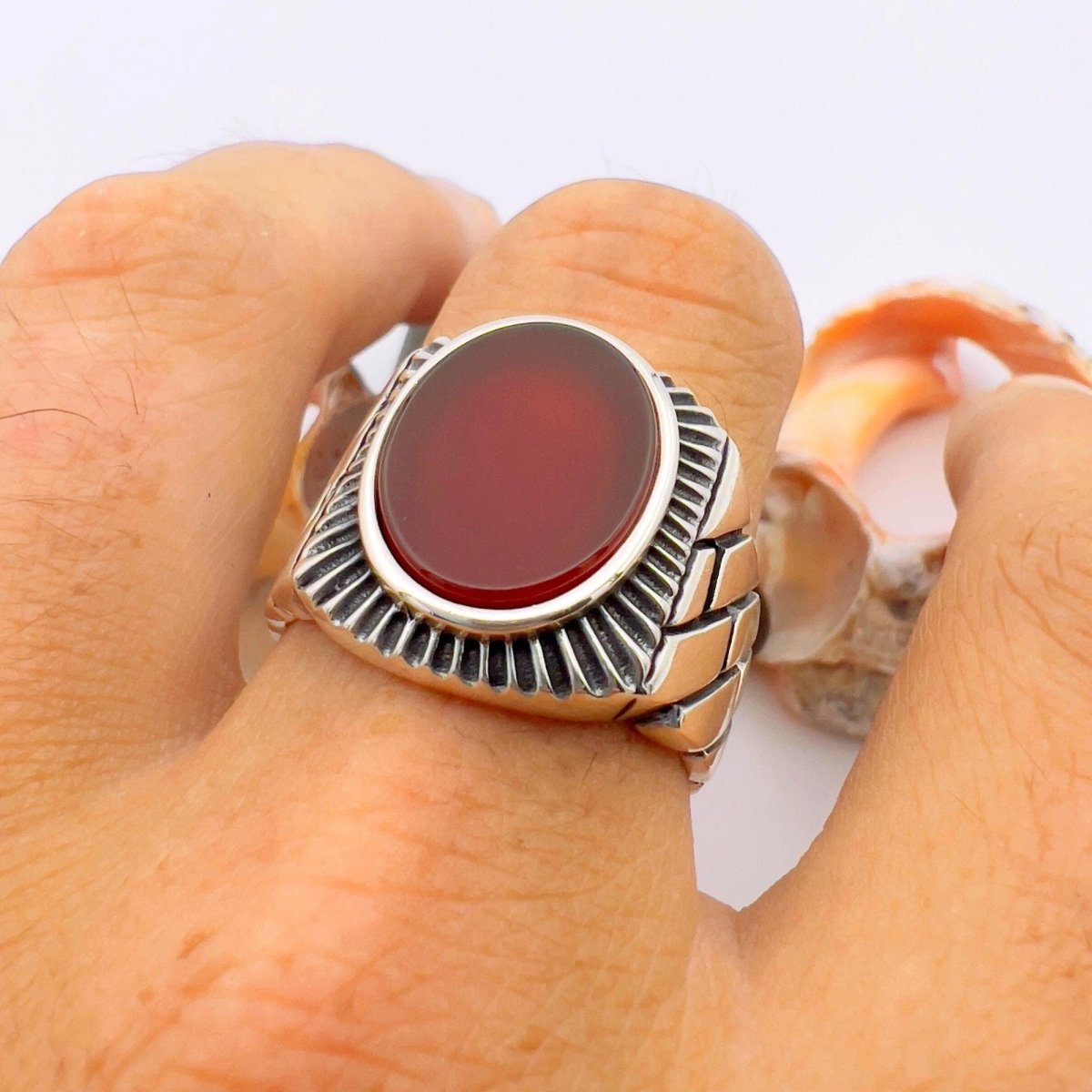 Men's Red Agate Stone Silver Ring - TryAladdin