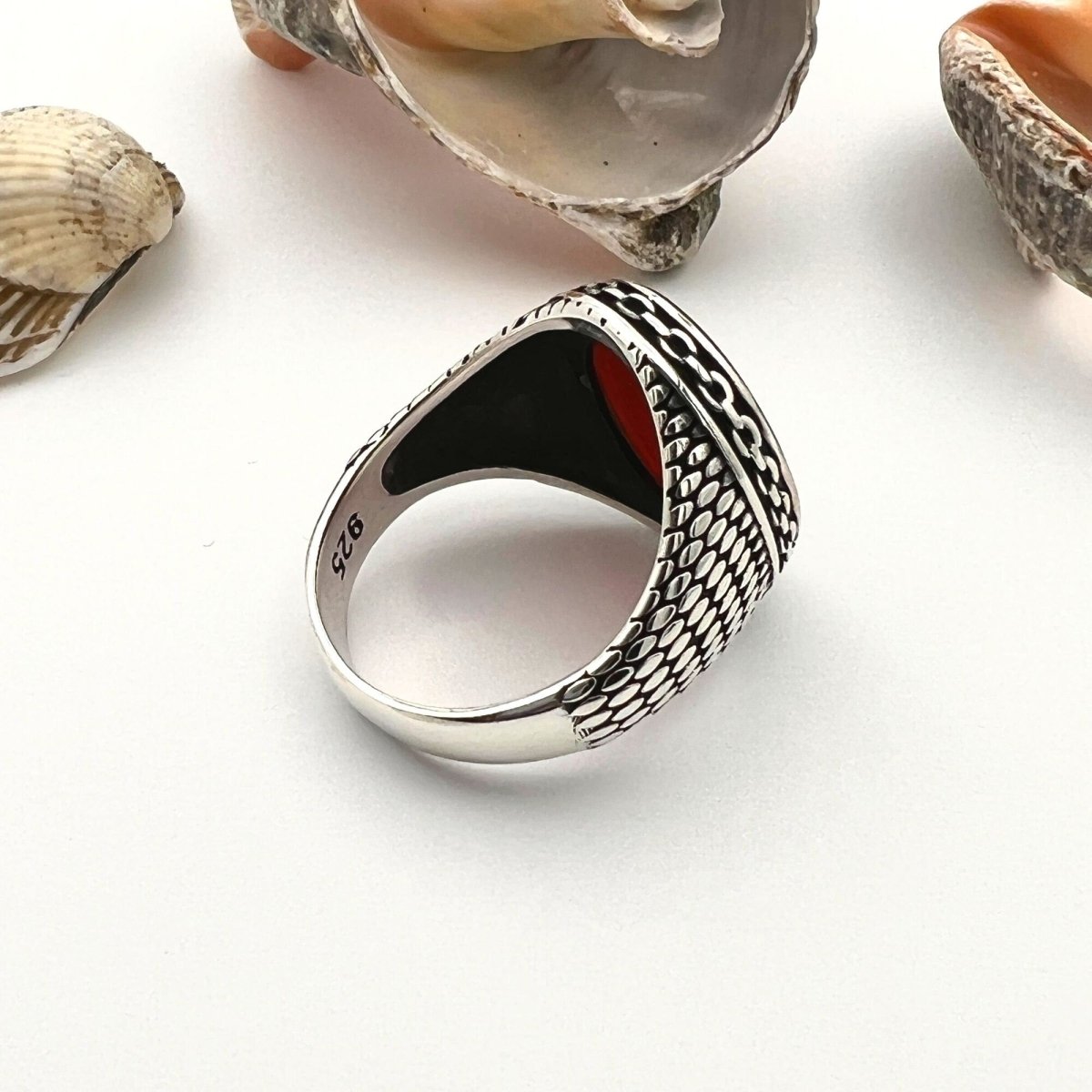 Men's Red Agate Stone Silver Ring - TryAladdin