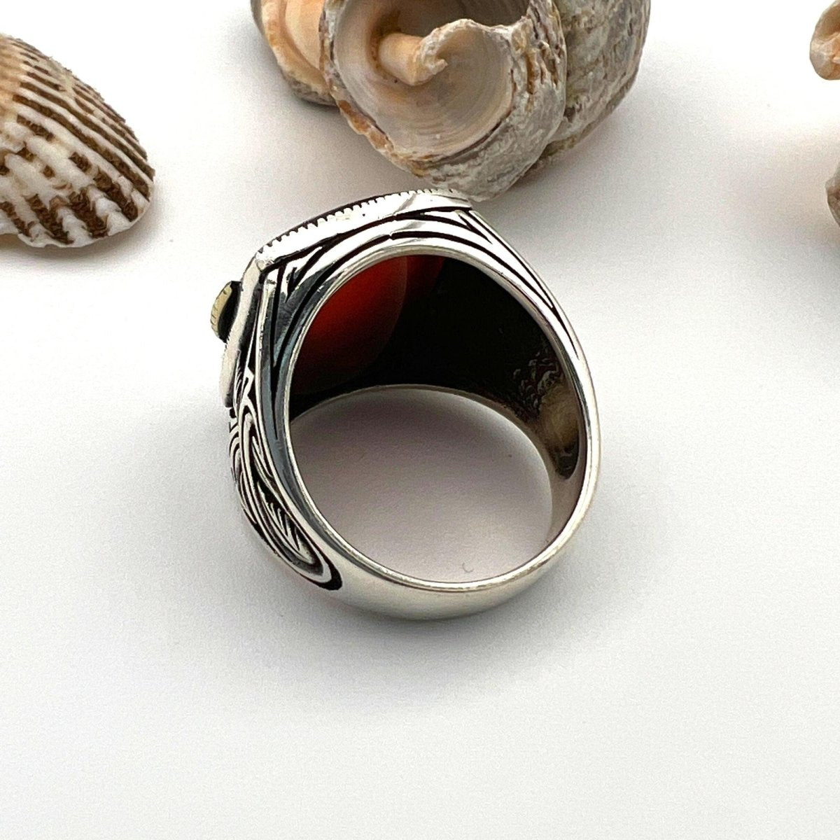 Men's Red Agate Stone Silver Ring - TryAladdin