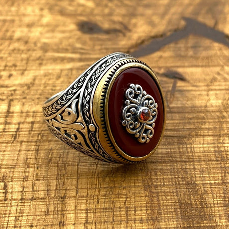 Men's Red Agate Stone Silver Ring - TryAladdin