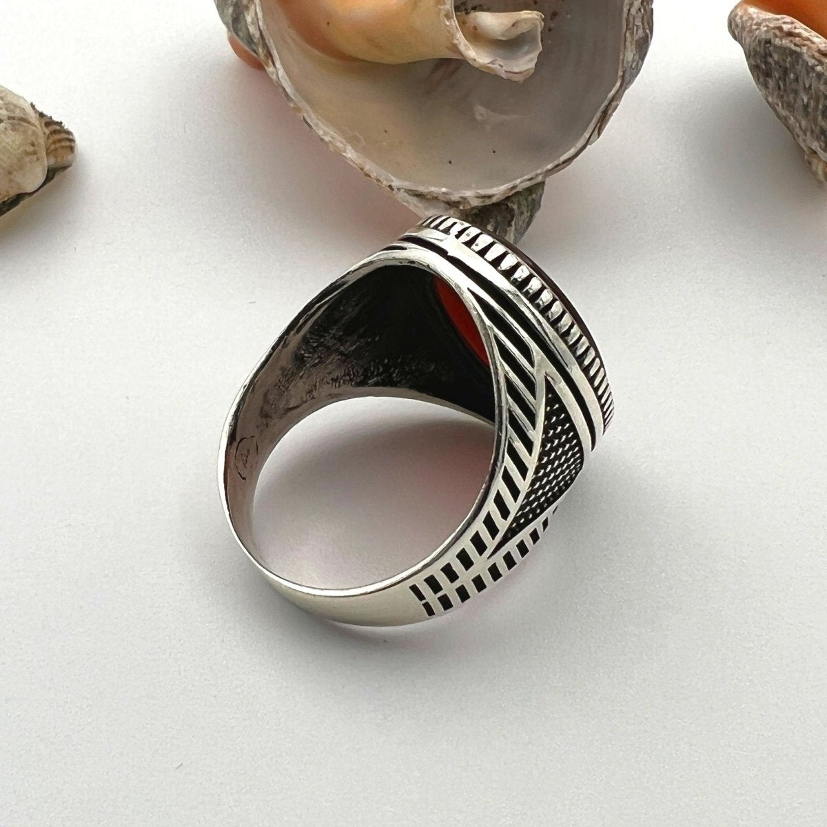 Men's Red Agate Stone Silver Ring - TryAladdin