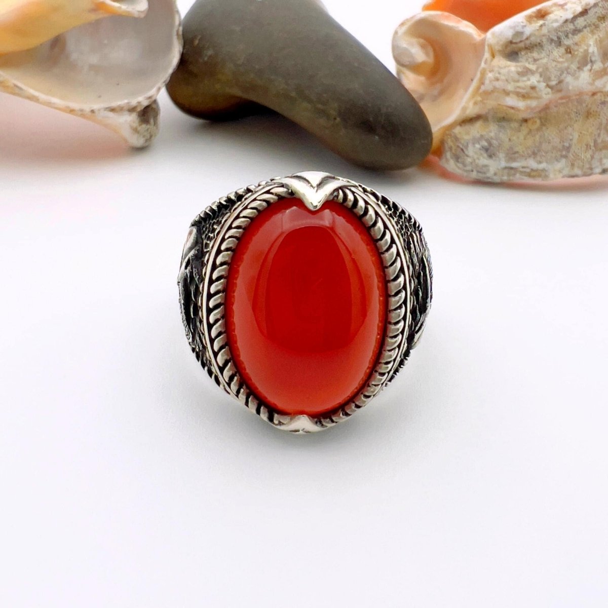 Men's Red Agate Stone Silver Ring - TryAladdin