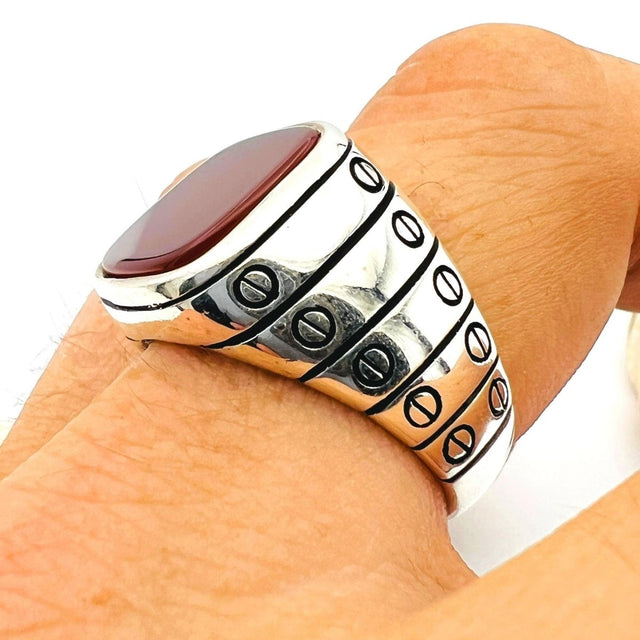 Men's Red Agate Stone Silver Ring - TryAladdin