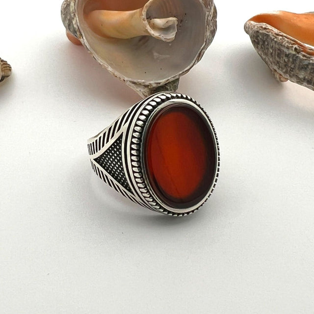 Men's Red Agate Stone Silver Ring - TryAladdin