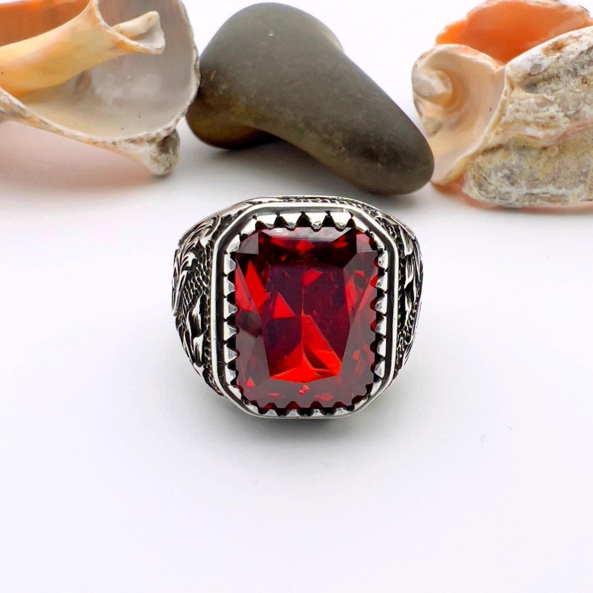 Men's Red Ruby Squared Stone Silver Ring - TryAladdin