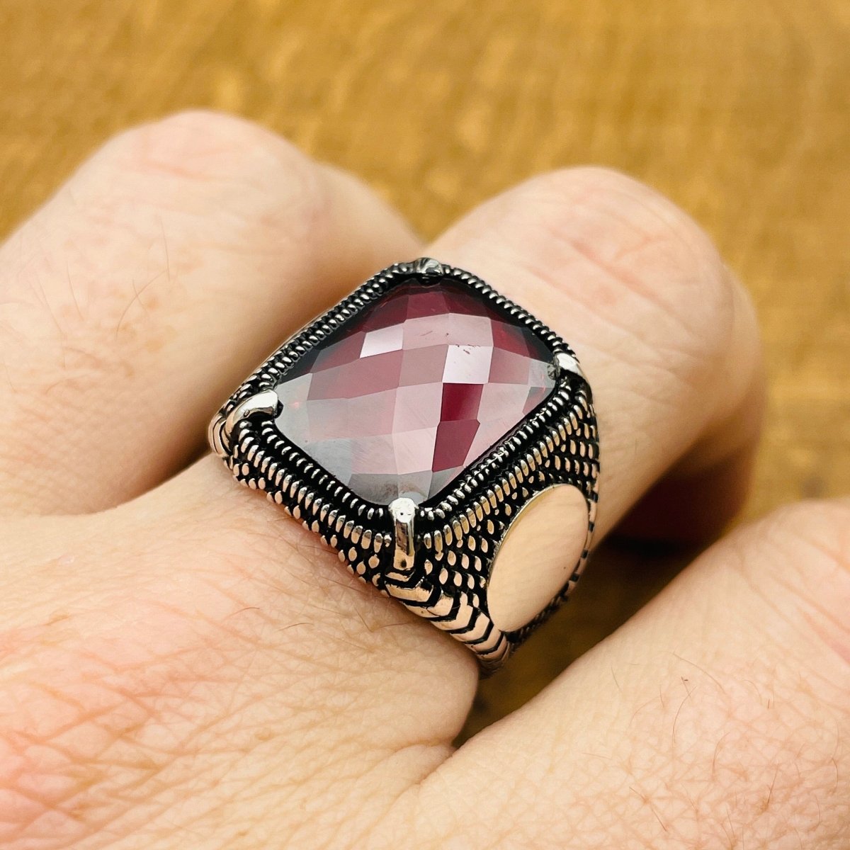 Men's Red Zircon Stone Silver Ring - TryAladdin