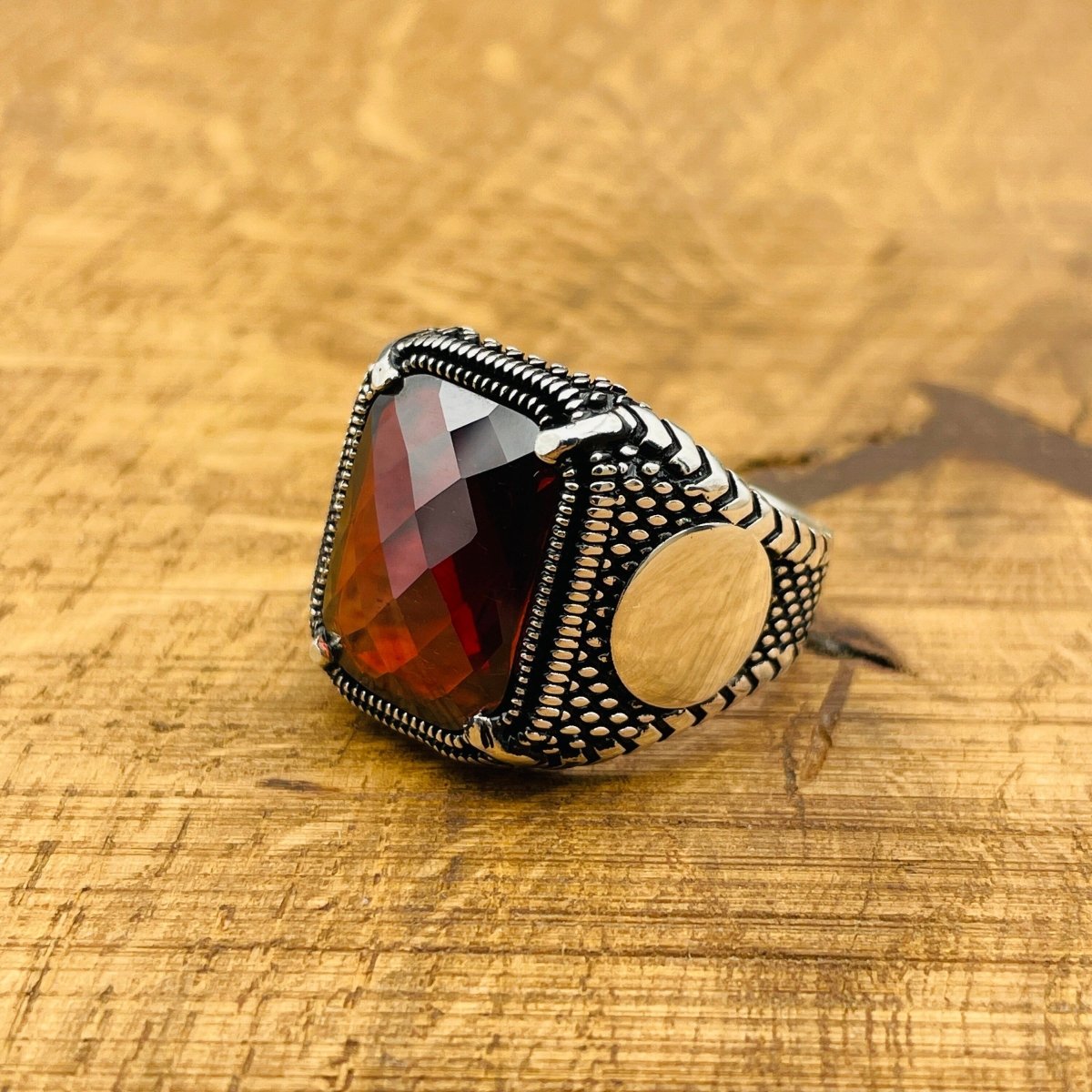 Men's Red Zircon Stone Silver Ring - TryAladdin