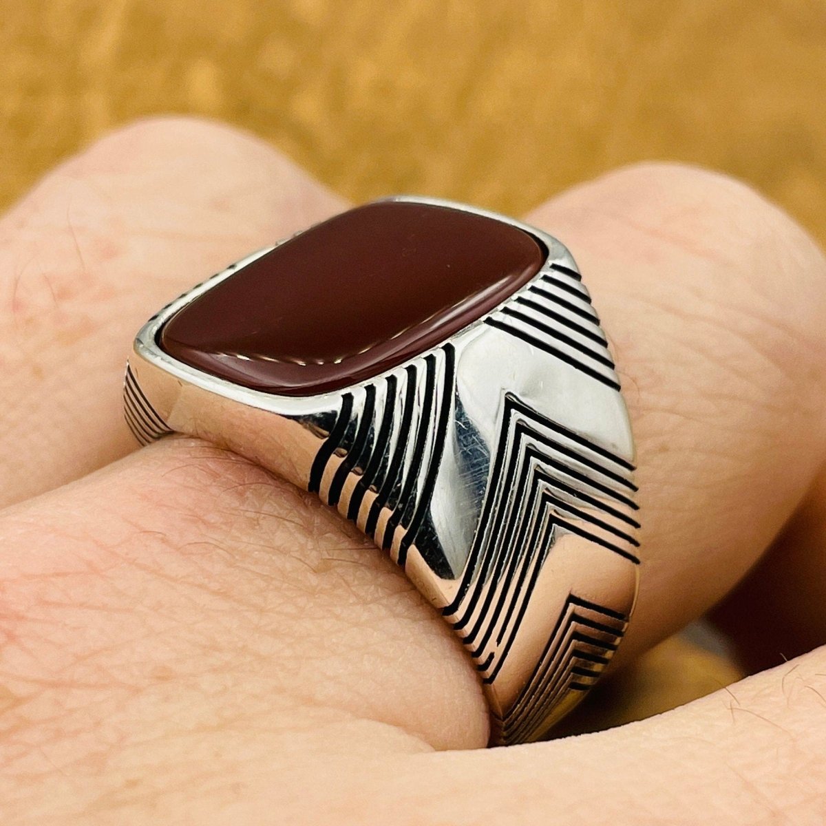 Men's Square Red Agate Silver Ring - TryAladdin