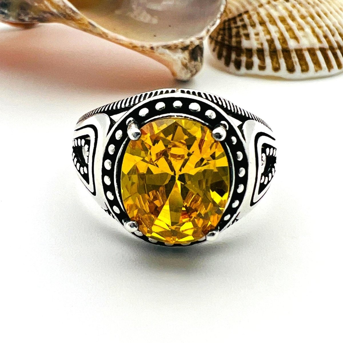 Men's Yellow Citrine Stone Silver Ring - TryAladdin