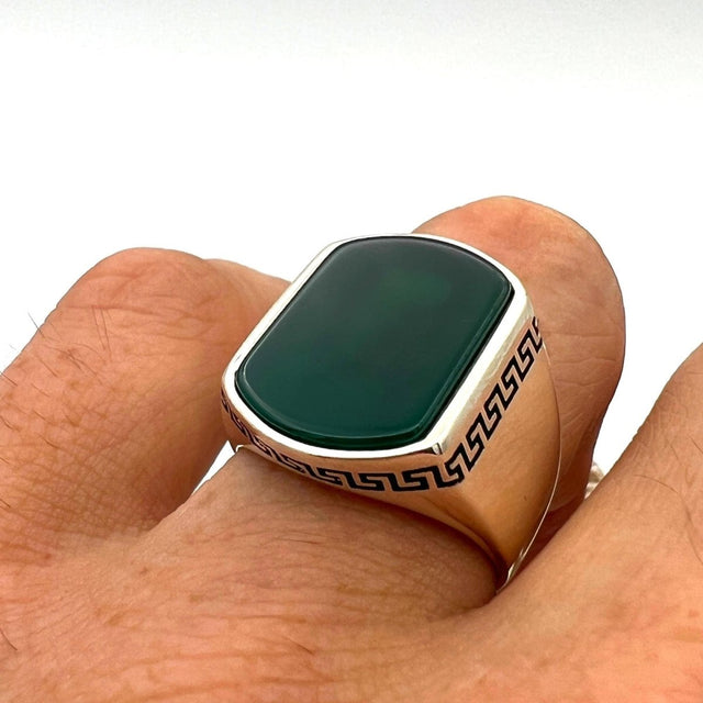 Men's Yemeni Aqeeq Stone Green Agate 925 Sterling Silver Ring - TryAladdin